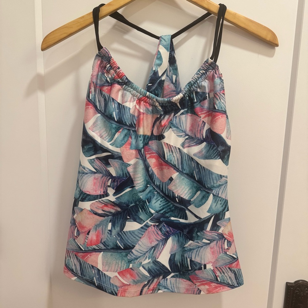 Next Swimwear Printed Tropical Leaf Tankini Top- Pink Blue Green - M